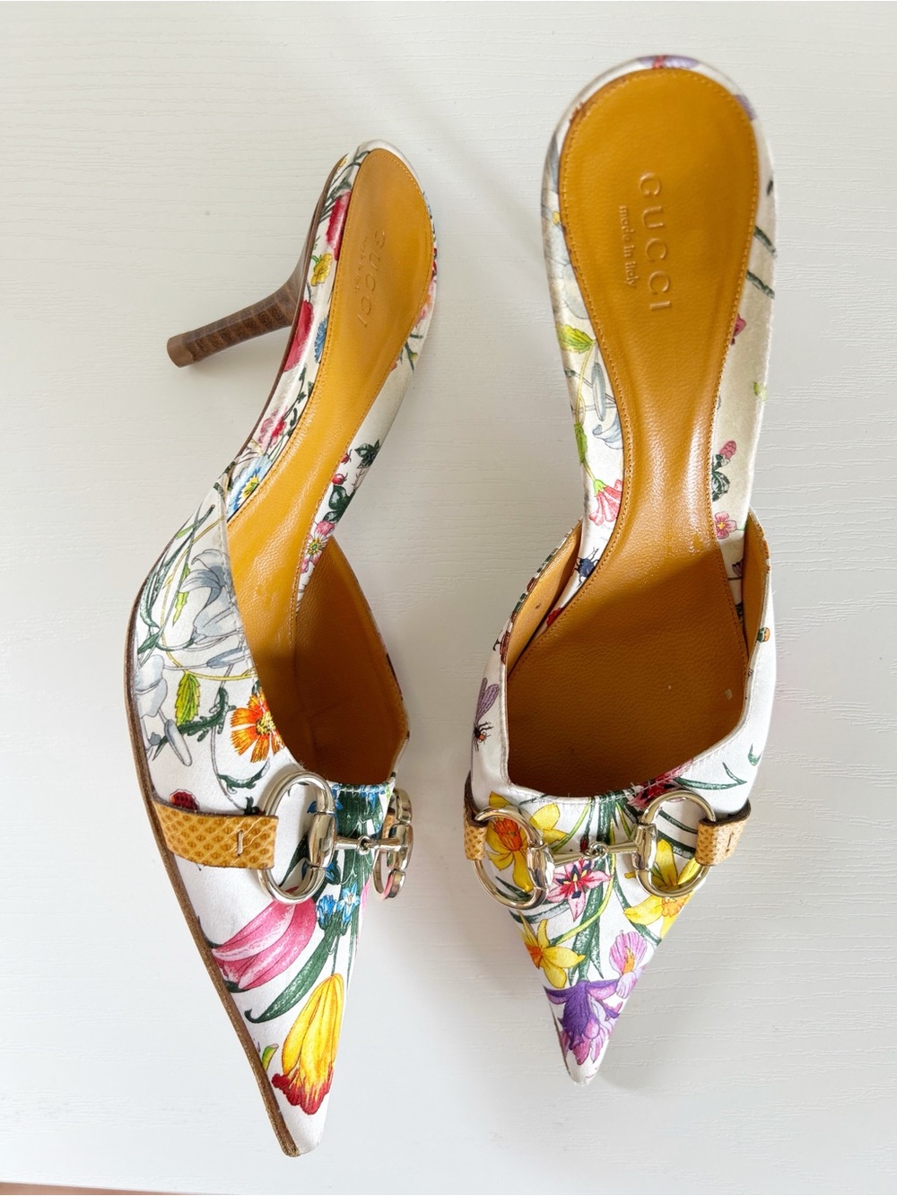 Gucci Floral Horsebit Satin Pointed Toe Mule Heels Size 7.5B